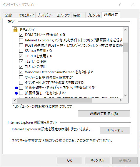 インターネットオプション（詳細設定）